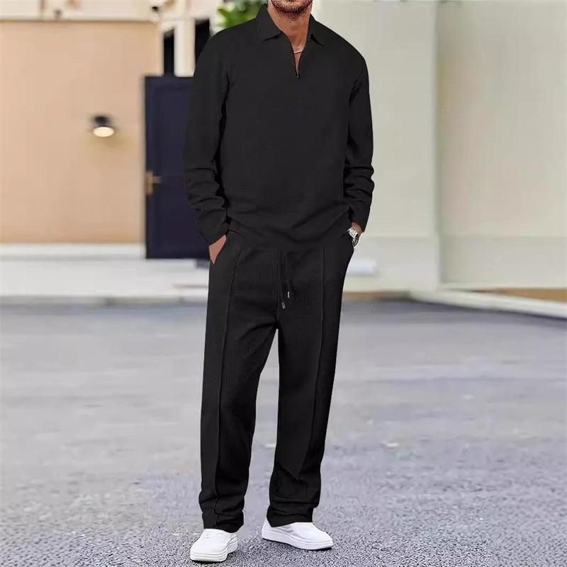 Completo Relax®️ da uomo con felpa in maglia Waffle e pantaloni Dritti