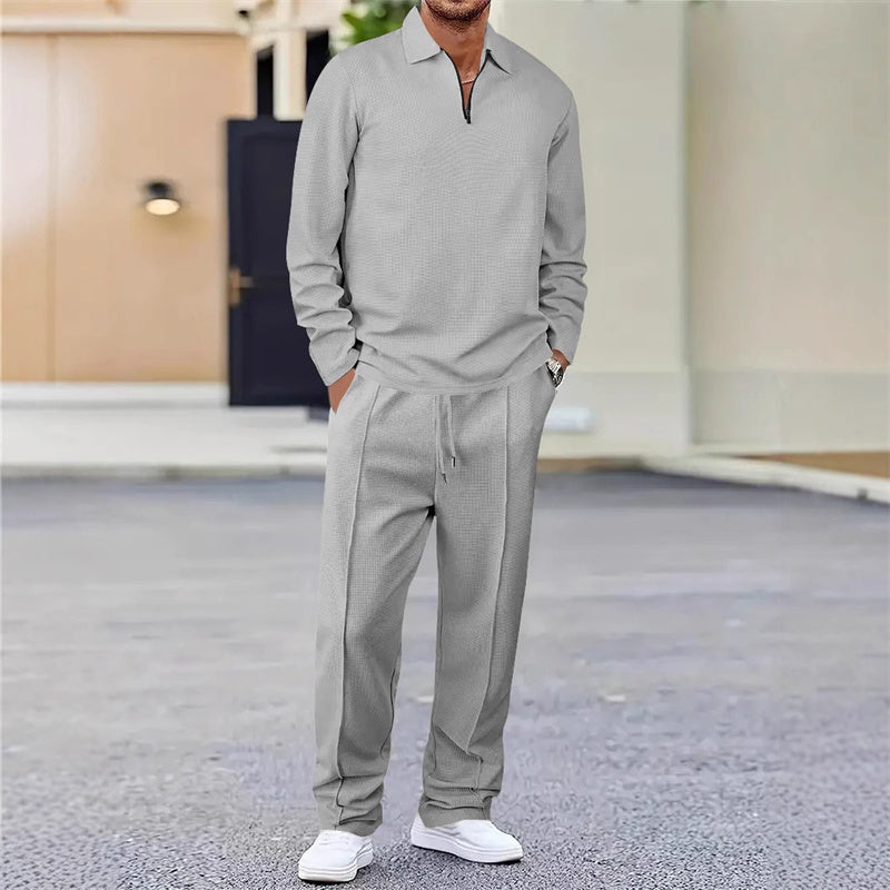 Completo Relax®️ da uomo con felpa in maglia Waffle e pantaloni Dritti